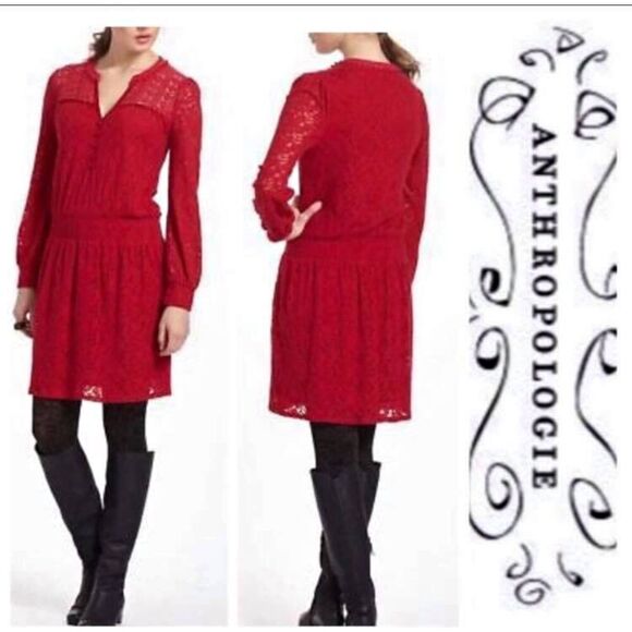 ~ Anthropologie Sm Leifnotes Field Day Dress Red Lace Stretch Mini Small Ruby ~ - Picture 12 of 12